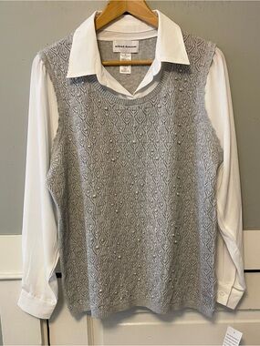 Pointelle Faux Pearl Lace Two-in-One Blouse